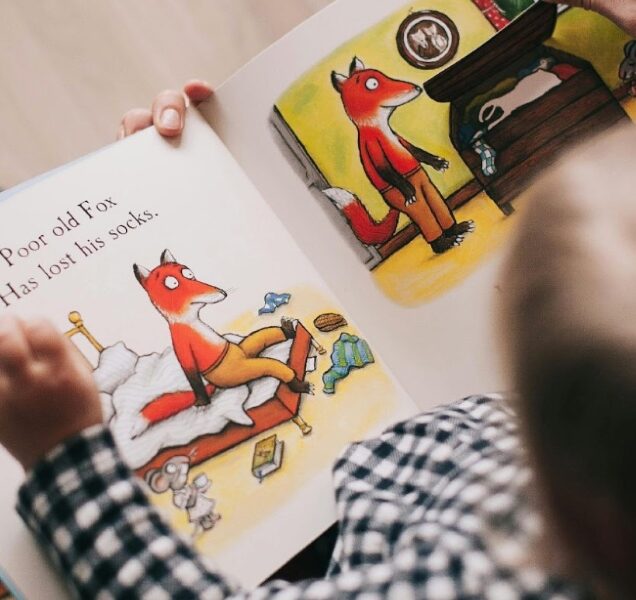 A young human child views a book with a picture of a cartoon fox upon it.