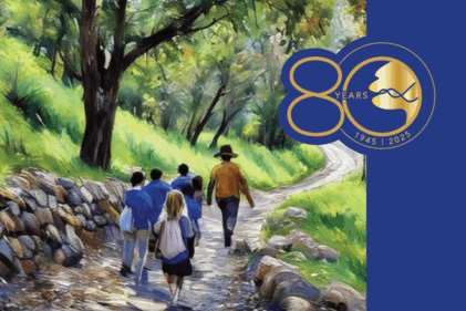 Colorful oil painting of person in hat leading children along a path in a tree-lined meadow.