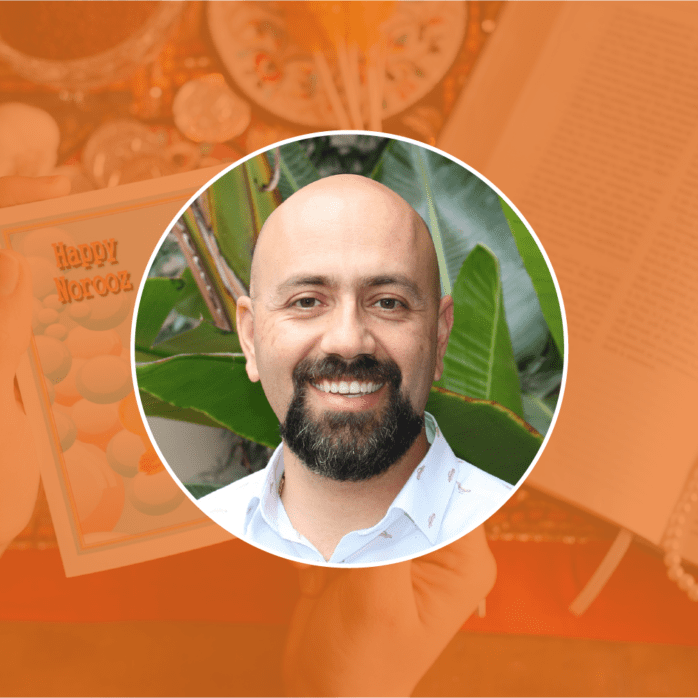 Image of Amin Maghsoodi, Pacific Oaks staff, with a background symbolizing the Nowruz celebration.