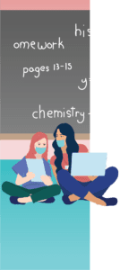 Illustration of two women with laptops in front of a classroom chalkboard