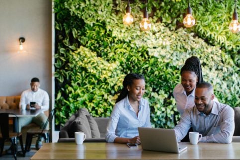 Employees happily working together