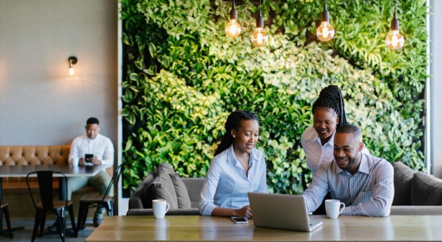 Employees happily working together