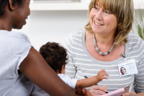 woman meeting with mom and baby