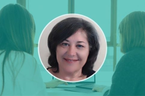 Headshot of Dr. Dionne Clabaugh in turquoise square with images of two students in background